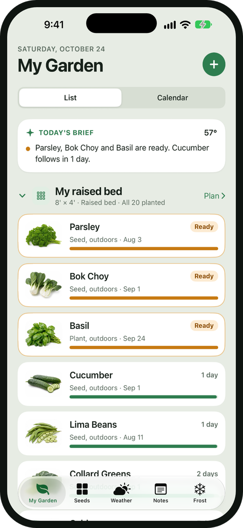 iGarden USA 5.0 My Garden screen on iPhone, with plantings grouped by garden